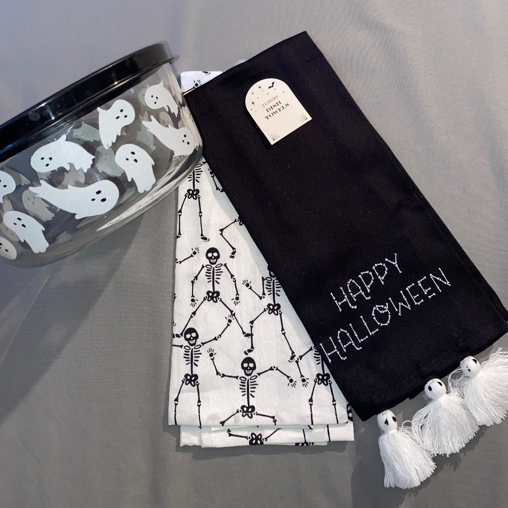Halloween Bundle HYDE AND EEK Ghost Clear Glass Lg Storage Bowl, NWT Towel Set